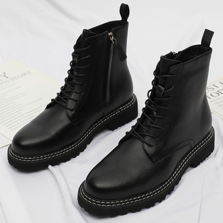 Men's Round Toe British Mens Leather Boots Side Zipper Martin Boots Wear-Resistant Low-Heel Shoes